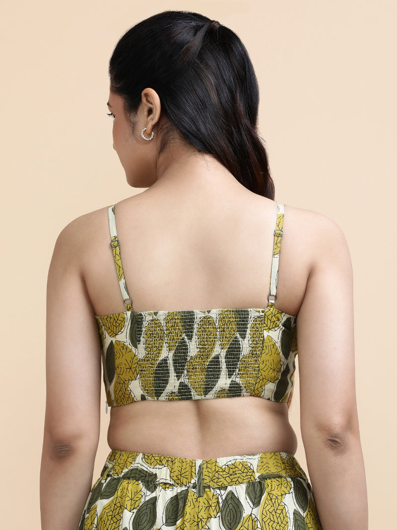 Dina x Soma | Women's Cropped Top in Olive Foliage Block print Cotton-Binks