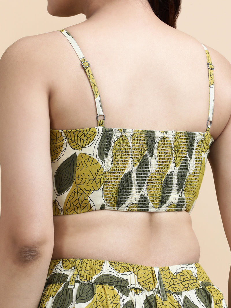 Dina x Soma | Women's Cropped Top in Olive Foliage Block print Cotton-Binks