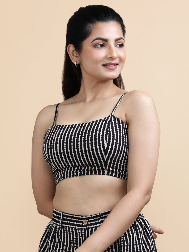 Elisa x Soma | Women's Cropped Top in Earthy Black Stripes Block Print Cotton-Binks