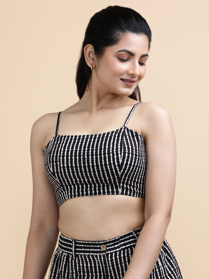 Elisa x Soma | Women's Cropped Top in Earthy Black Stripes Block Print Cotton-Binks