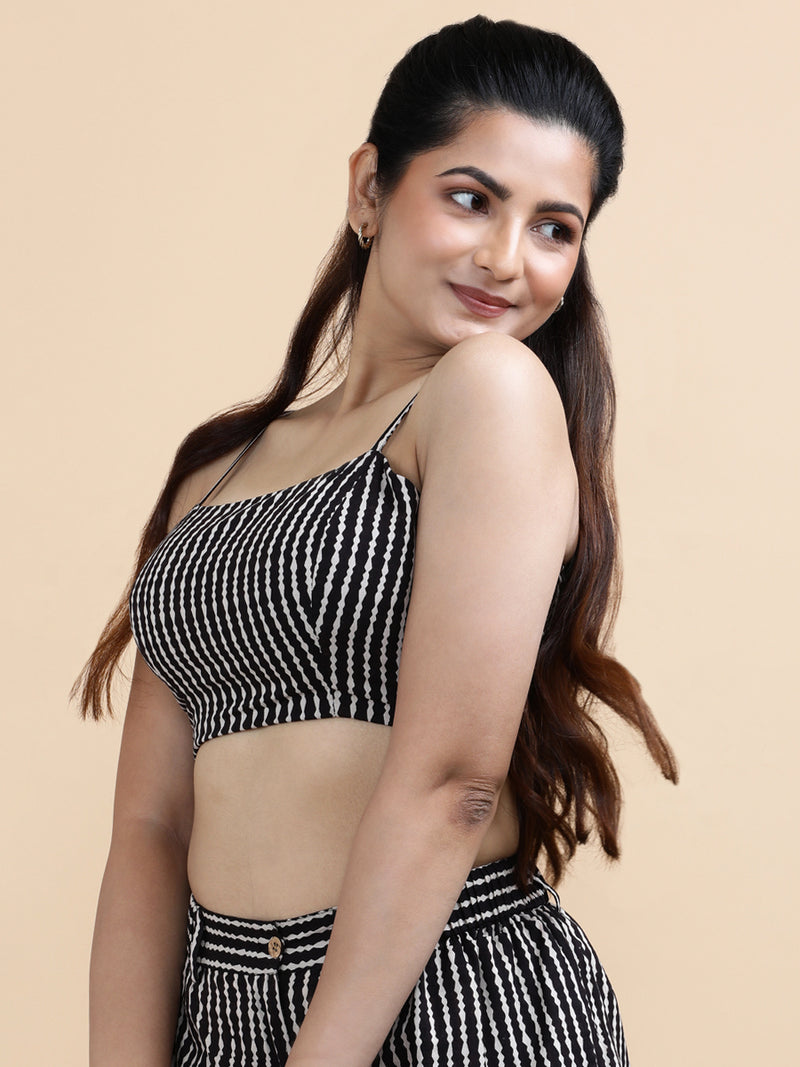 Elisa x Soma | Women's Cropped Top in Earthy Black Stripes Block Print Cotton-Binks