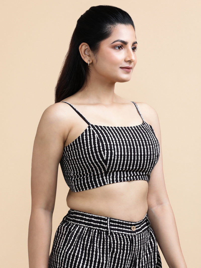Elisa x Soma | Women's Cropped Top in Earthy Black Stripes Block Print Cotton-Binks