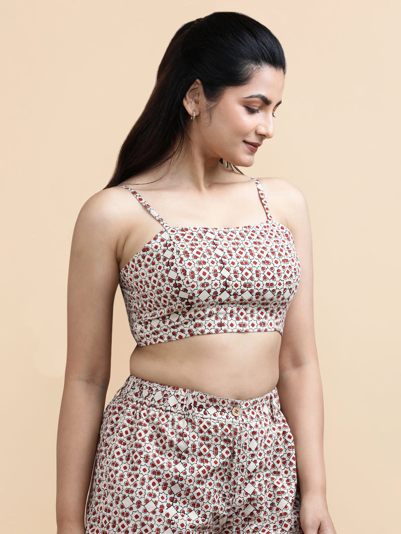 Esther x Soma | Women's Cropped Top in Cream & Red Geometric Block print Cotton-Binks