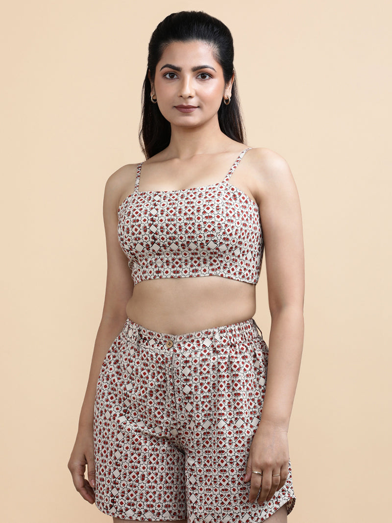 Esther x Soma | Women's Cropped Top in Cream & Red Geometric Block print Cotton-Binks