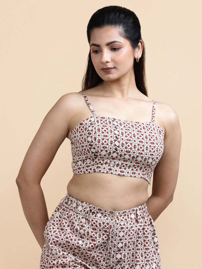 Esther x Soma | Women's Cropped Top in Cream & Red Geometric Block print Cotton-Binks