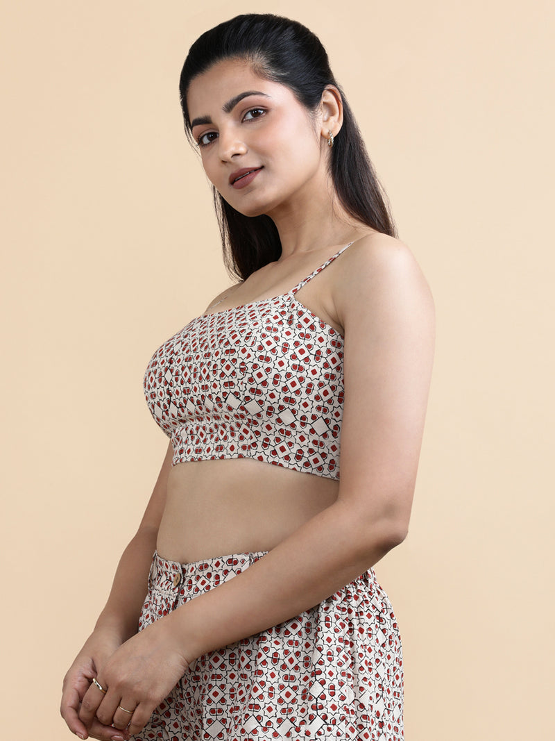 Esther x Soma | Women's Cropped Top in Cream & Red Geometric Block print Cotton-Binks