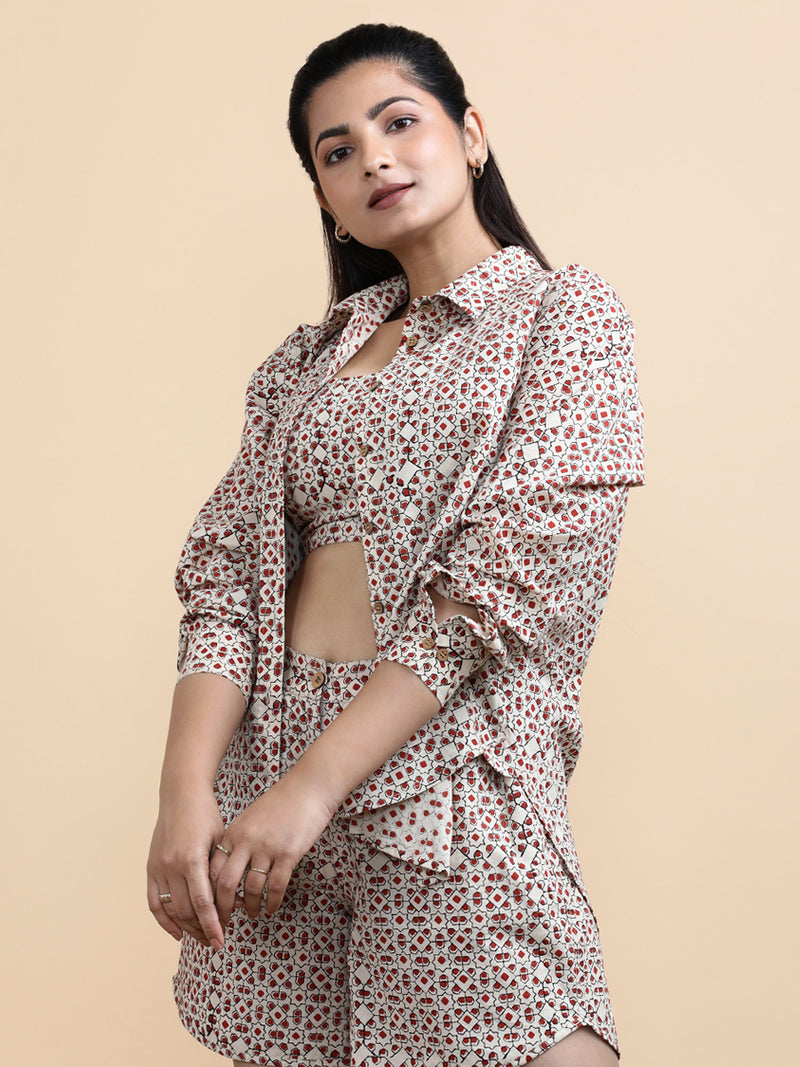 Esther x Soma | Women's Cropped Top in Cream & Red Geometric Block print Cotton-Binks