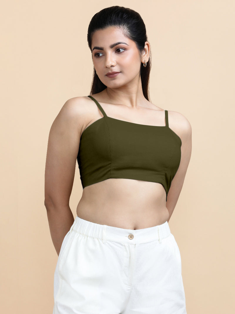 Gloria x Soma | Women's Cropped Top in Deep Olive Green Linen-Binks