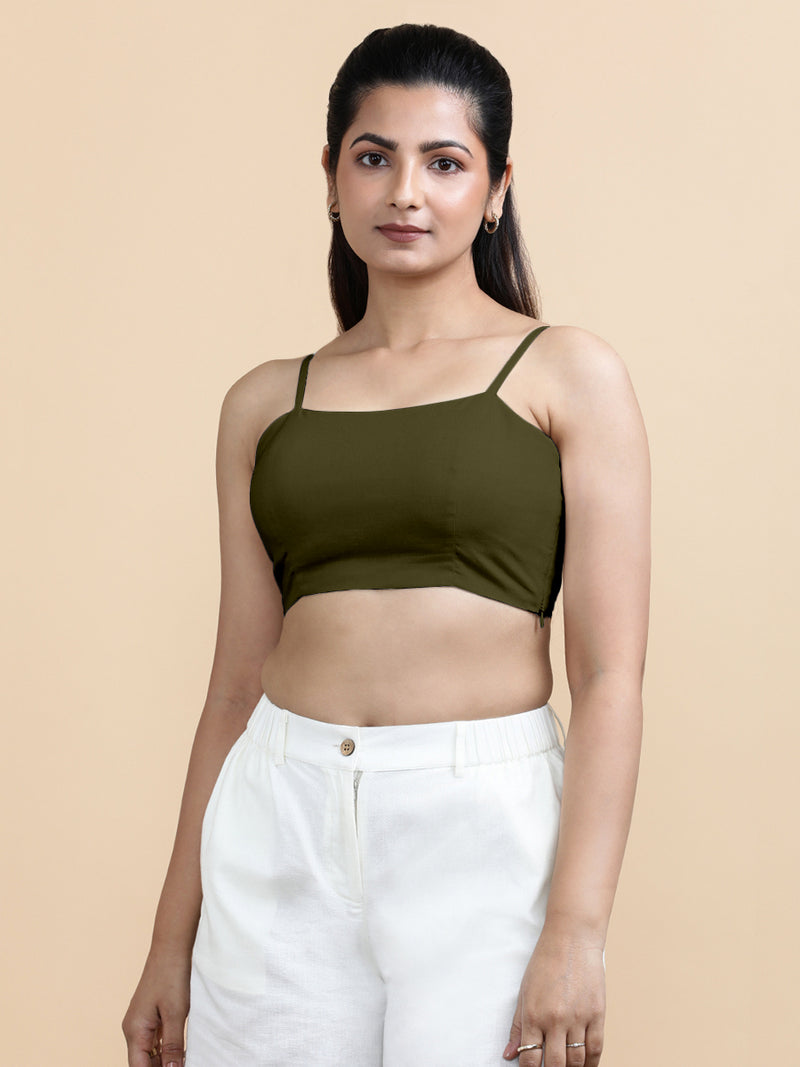 Gloria x Soma | Women's Cropped Top in Deep Olive Green Linen-Binks