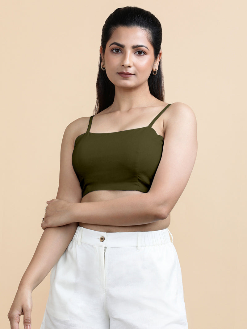 Gloria x Soma | Women's Cropped Top in Deep Olive Green Linen-Binks