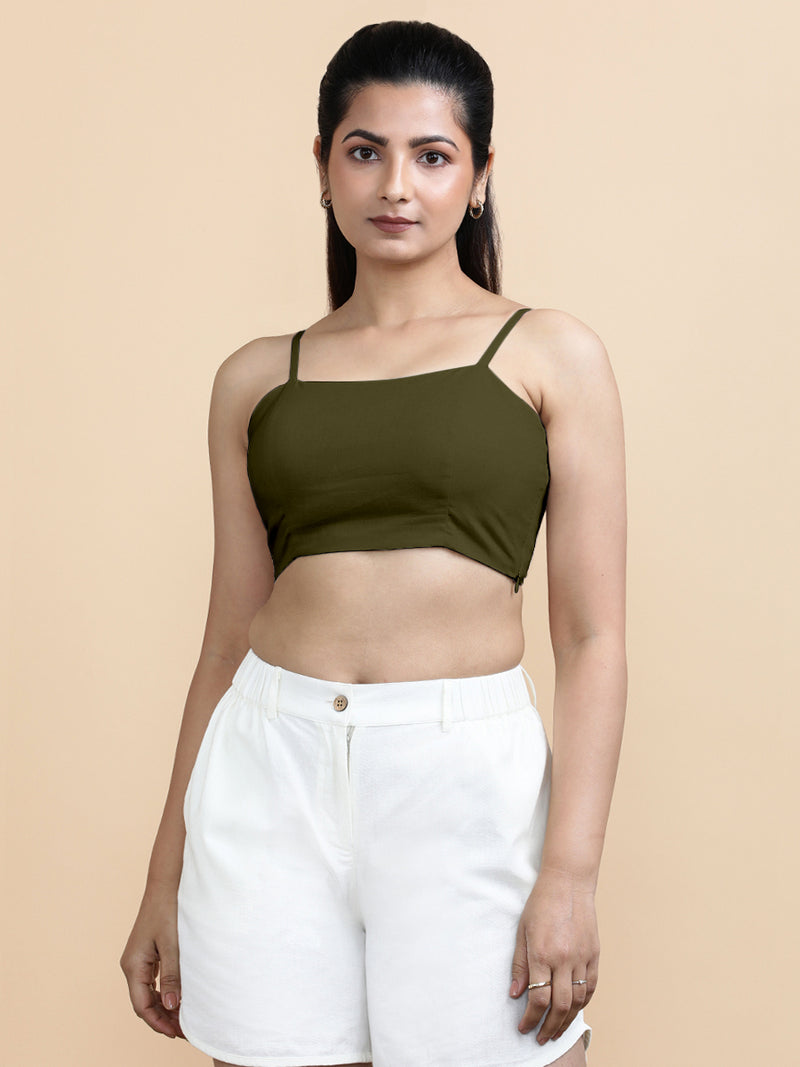 Gloria x Soma | Women's Cropped Top in Deep Olive Green Linen-Binks