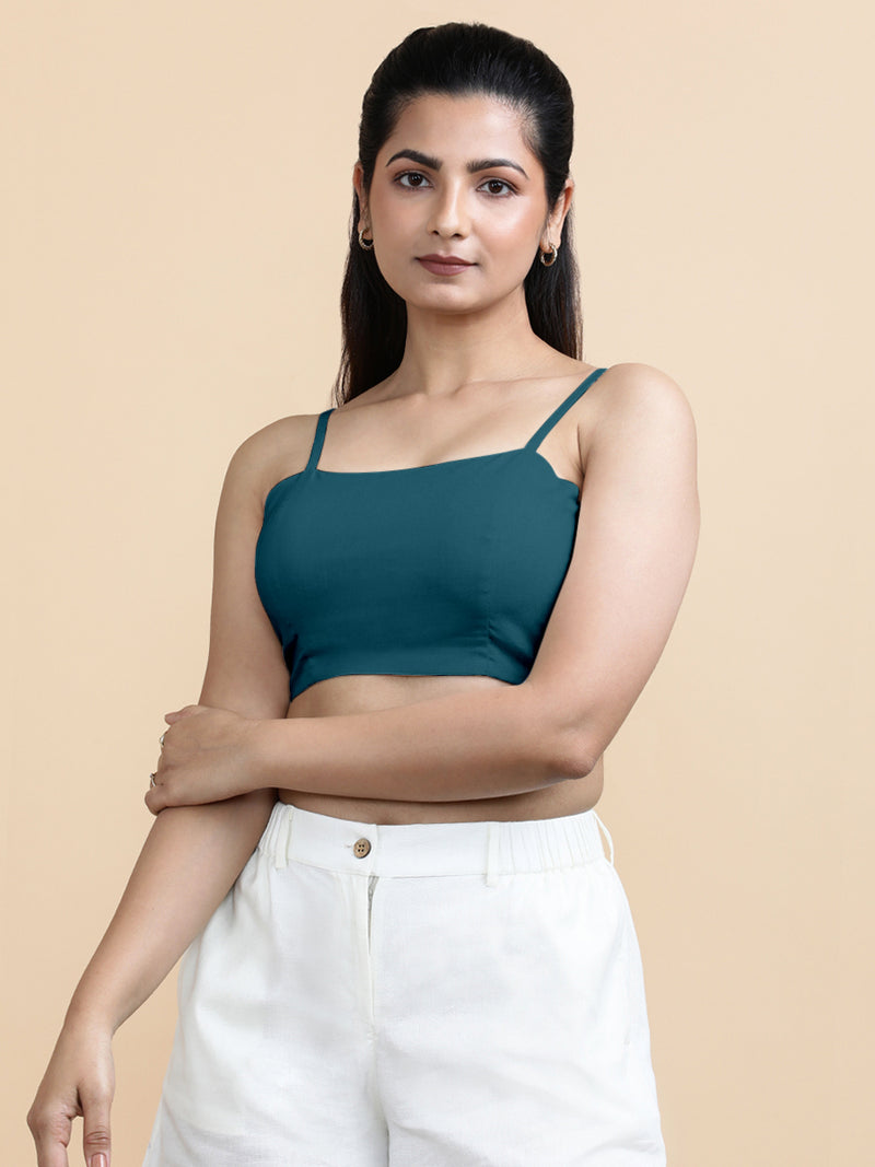 Gloria x Soma | Women's Cropped Top in Teal Blue Linen-Binks