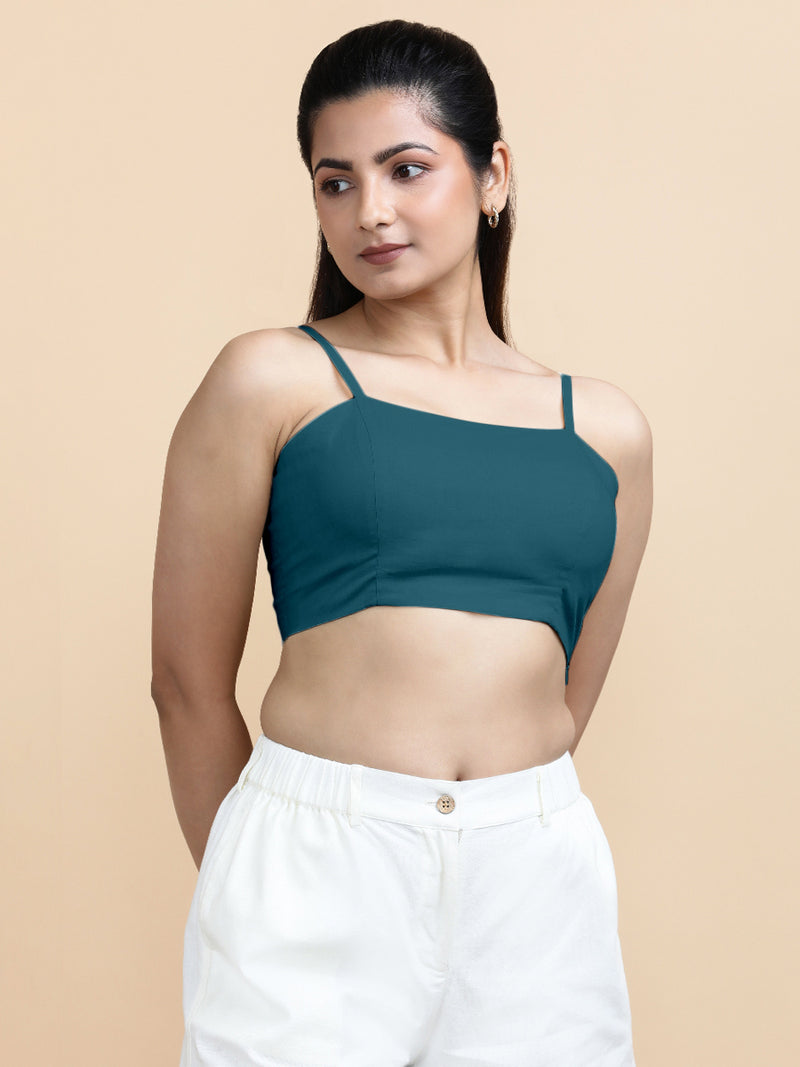 Gloria x Soma | Women's Cropped Top in Teal Blue Linen-Binks