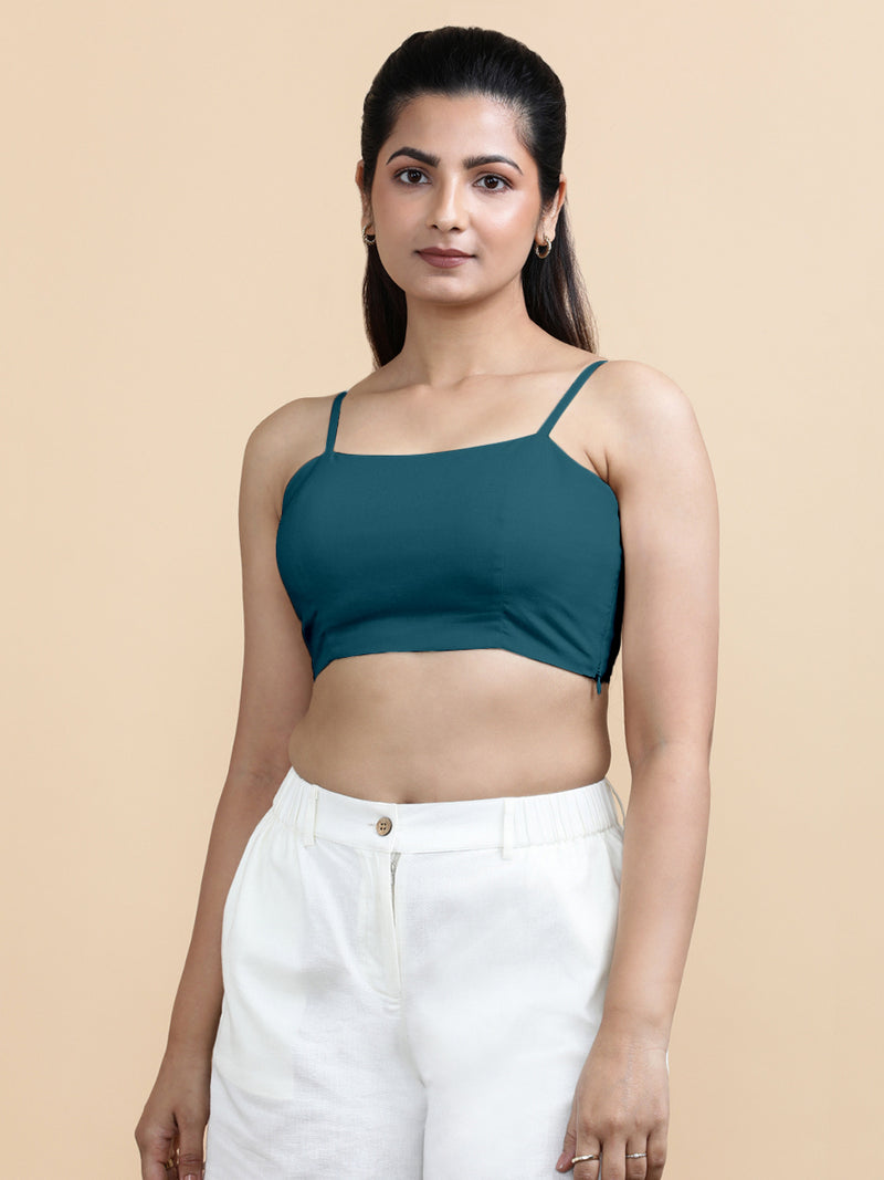 Gloria x Soma | Women's Cropped Top in Teal Blue Linen-Binks