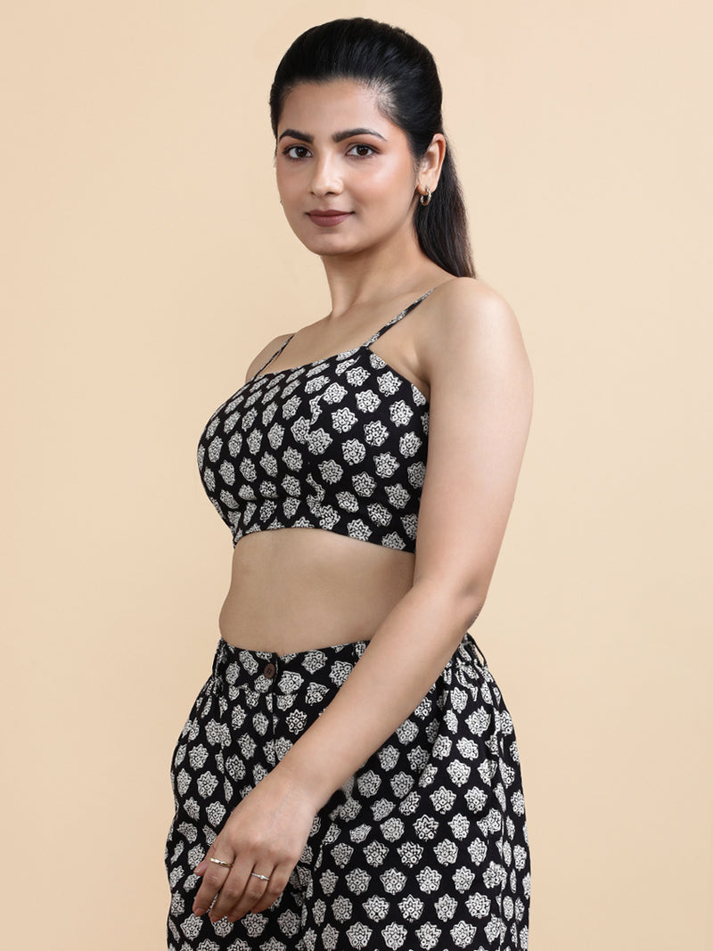 Margo x Soma | Women's Cropped Top in Black Floral Block Print Cotton-Binks