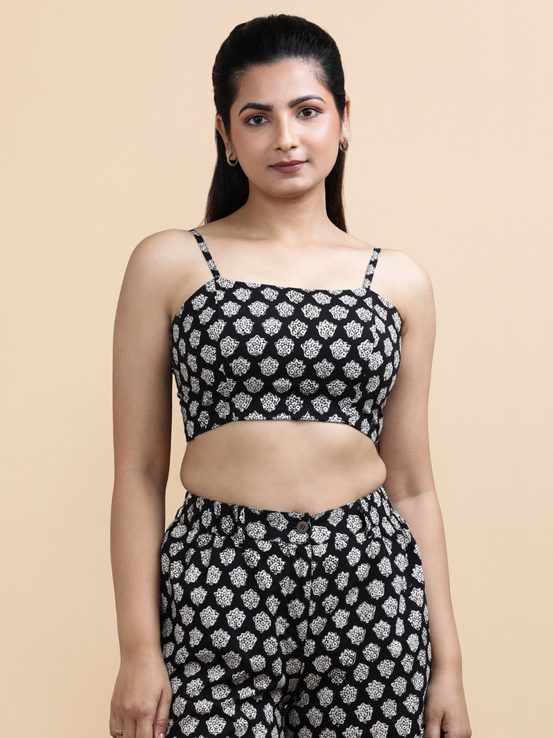 Margo x Soma | Women's Cropped Top in Black Floral Block Print Cotton-Binks