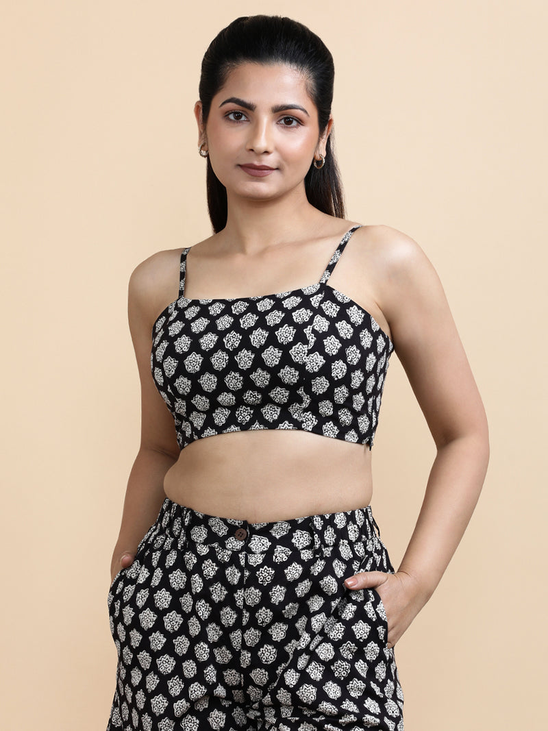 Margo x Soma | Women's Cropped Top in Black Floral Block Print Cotton-Binks