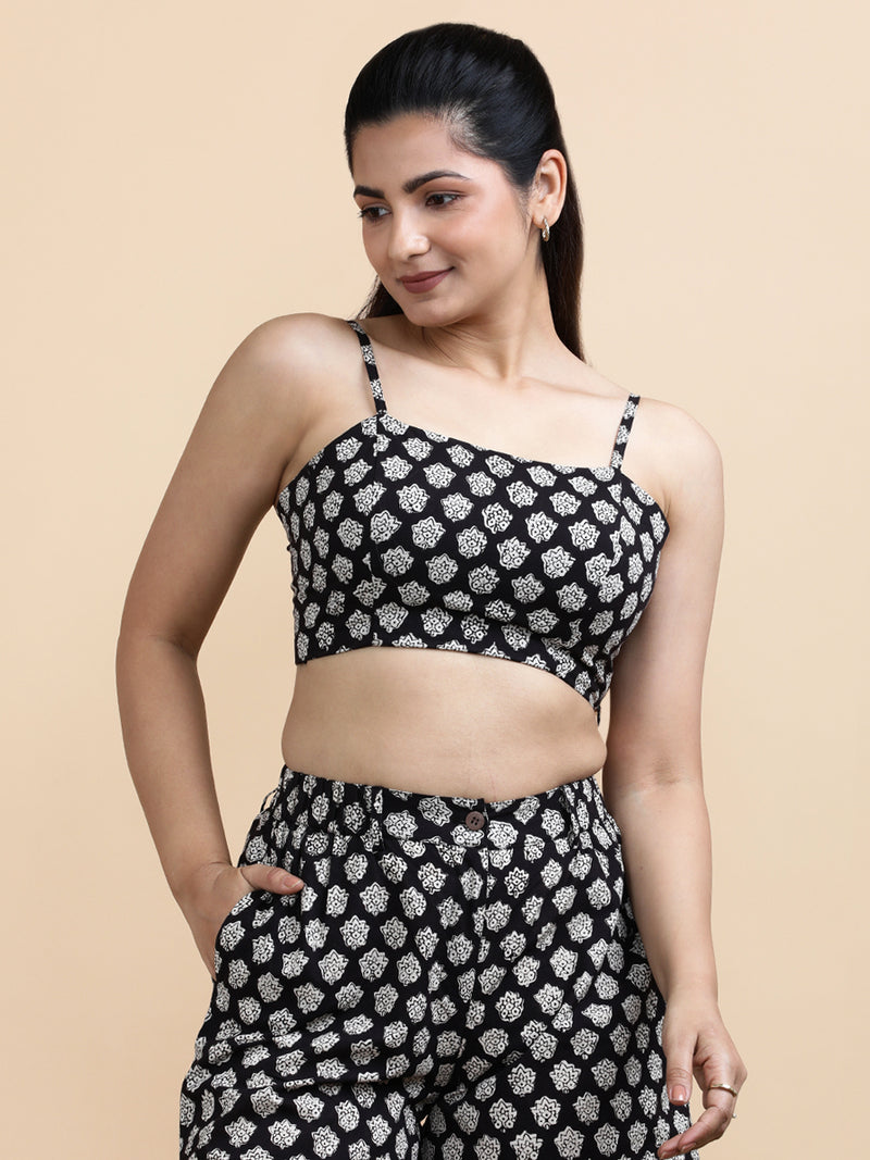 Margo x Soma | Women's Cropped Top in Black Floral Block Print Cotton-Binks