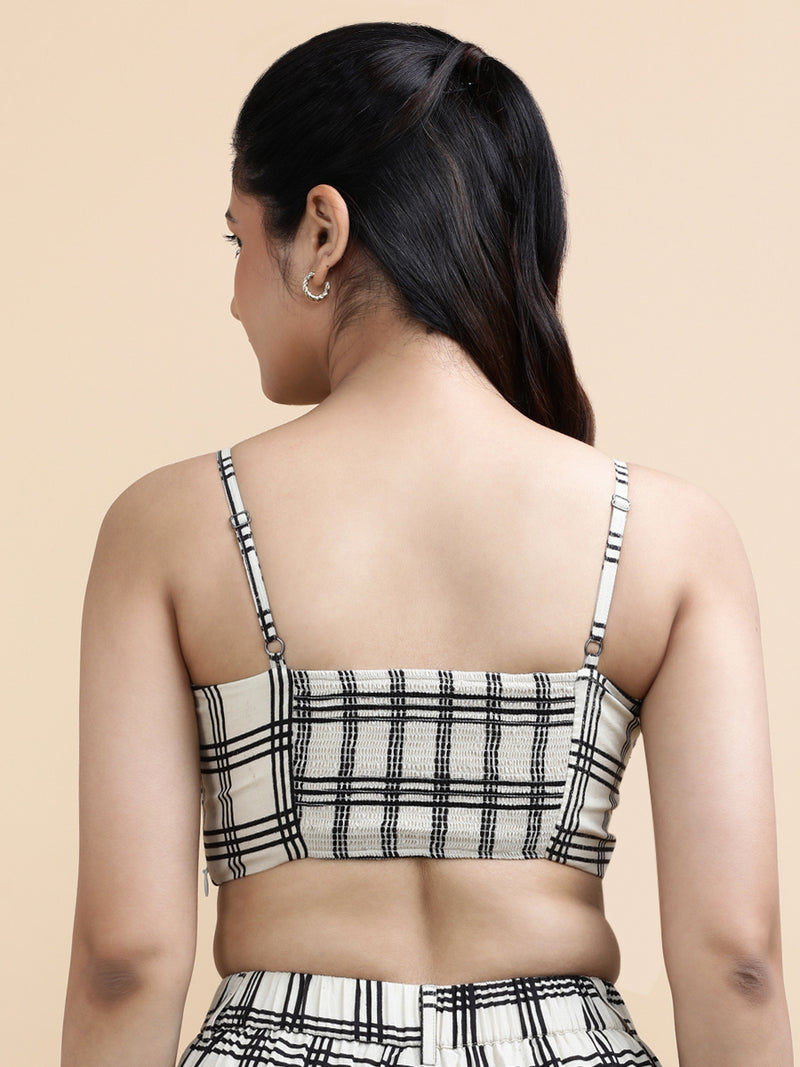 Marie x Soma | Women's Cropped Top in Cream Windowpane Check Block Print Cotton-Binks