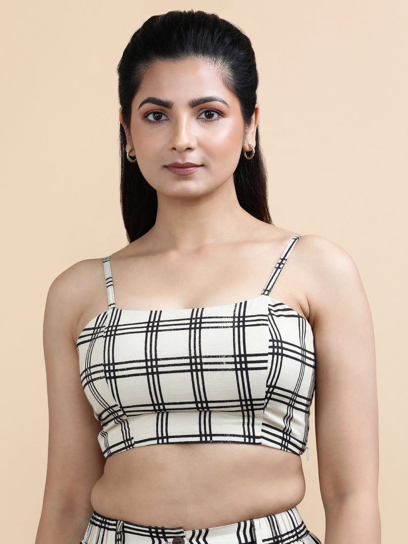 Marie x Soma | Women's Cropped Top in Cream Windowpane Check Block Print Cotton-Binks