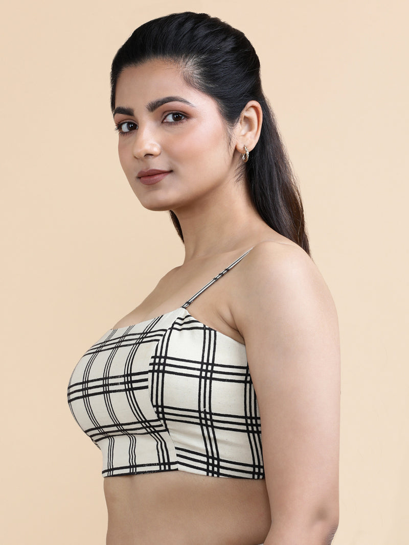 Marie x Soma | Women's Cropped Top in Cream Windowpane Check Block Print Cotton-Binks