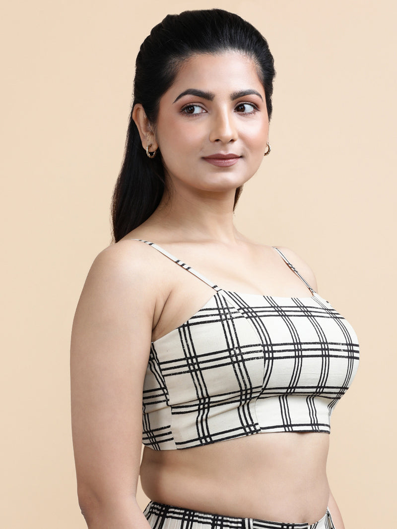 Marie x Soma | Women's Cropped Top in Cream Windowpane Check Block Print Cotton-Binks