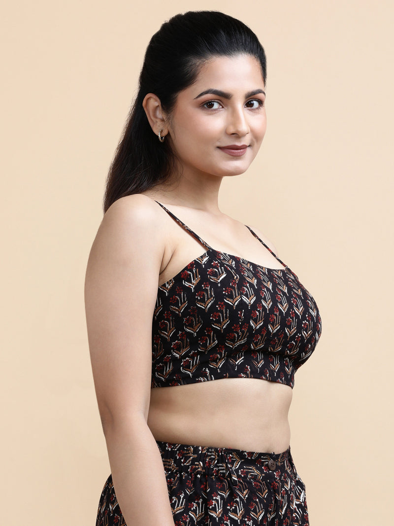 Noa x Soma | Women's Cropped Top in Midnight Lily Block Print Cotton-Binks