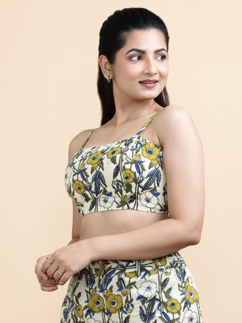 Orla x Soma | Women's Cropped Top in Cream Meadow Block Print Cotton-Binks