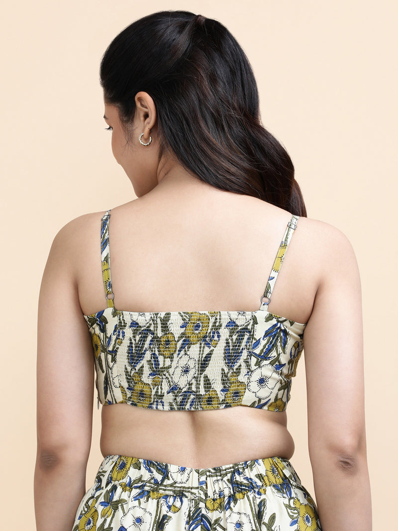 Orla x Soma | Women's Cropped Top in Cream Meadow Block Print Cotton-Binks