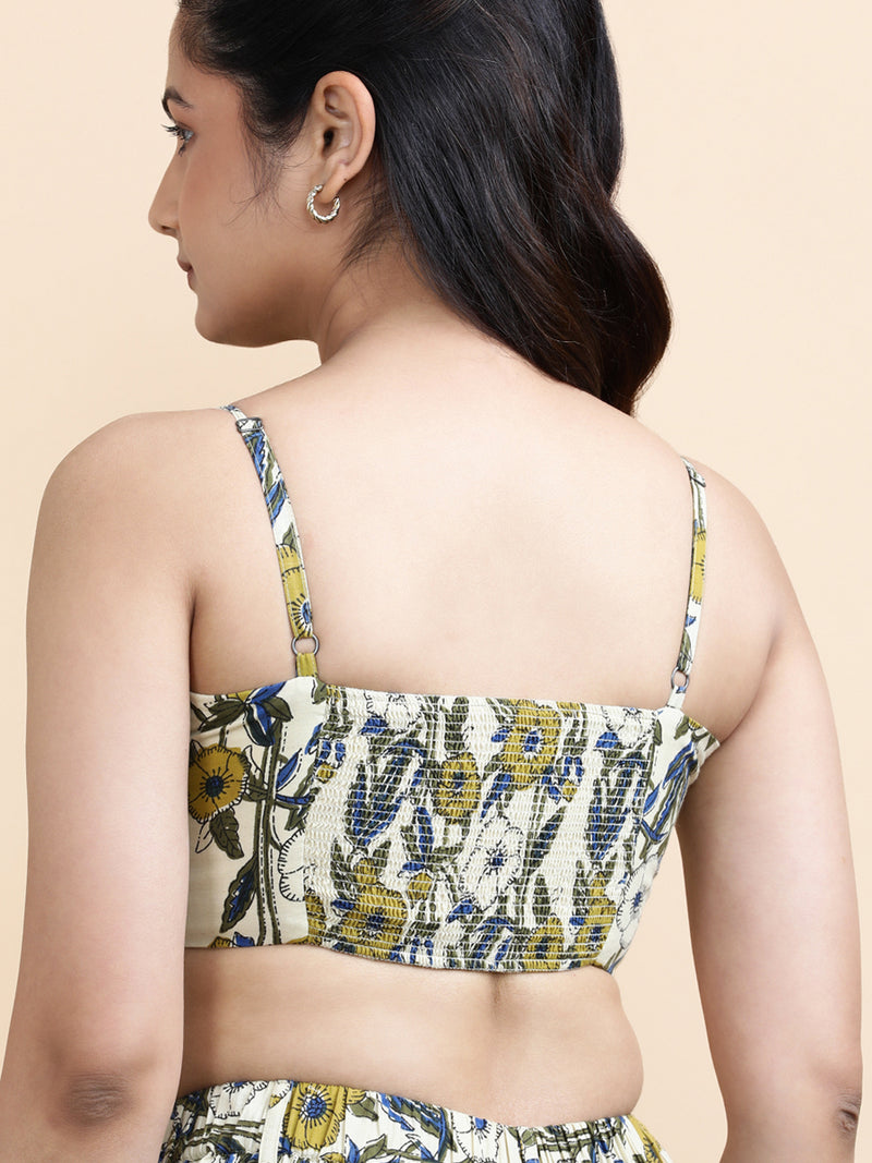 Orla x Soma | Women's Cropped Top in Cream Meadow Block Print Cotton-Binks