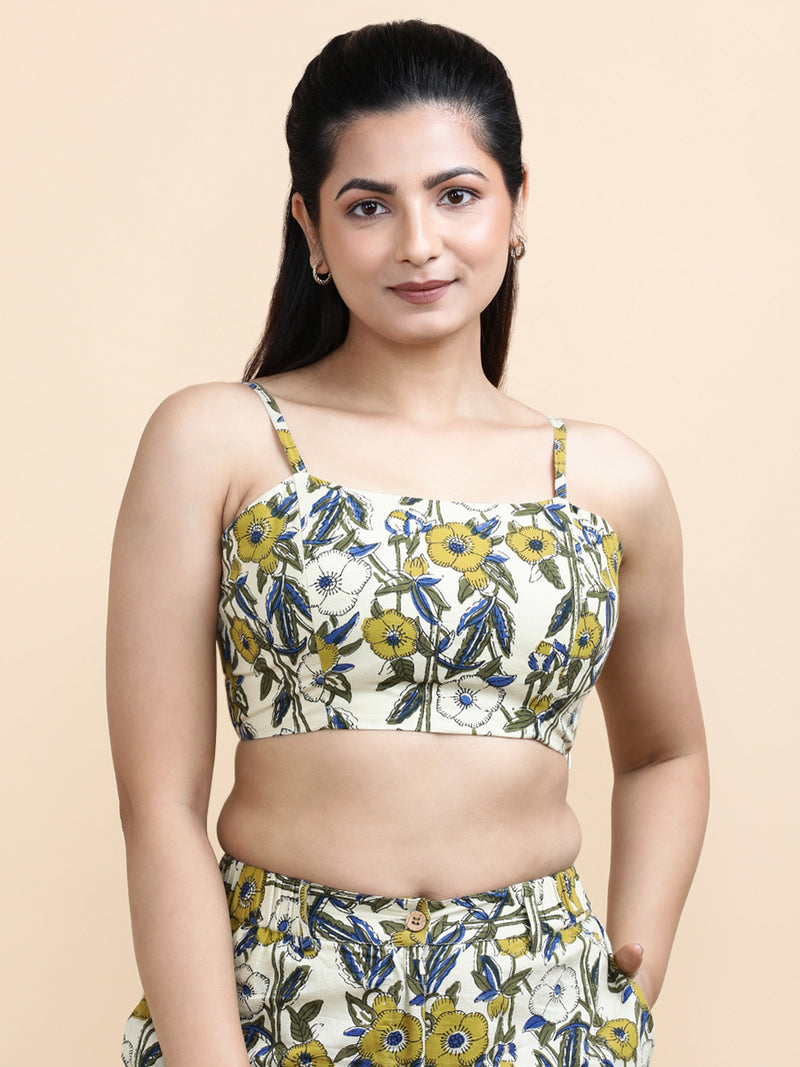 Orla x Soma | Women's Cropped Top in Cream Meadow Block Print Cotton-Binks