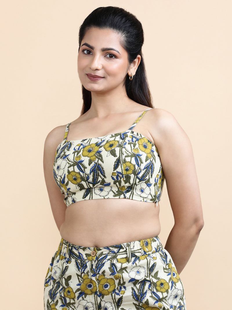 Orla x Soma | Women's Cropped Top in Cream Meadow Block Print Cotton-Binks