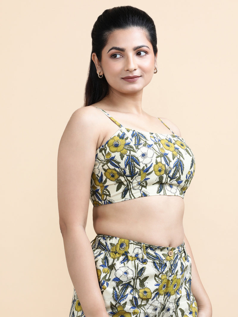 Orla x Soma | Women's Cropped Top in Cream Meadow Block Print Cotton-Binks