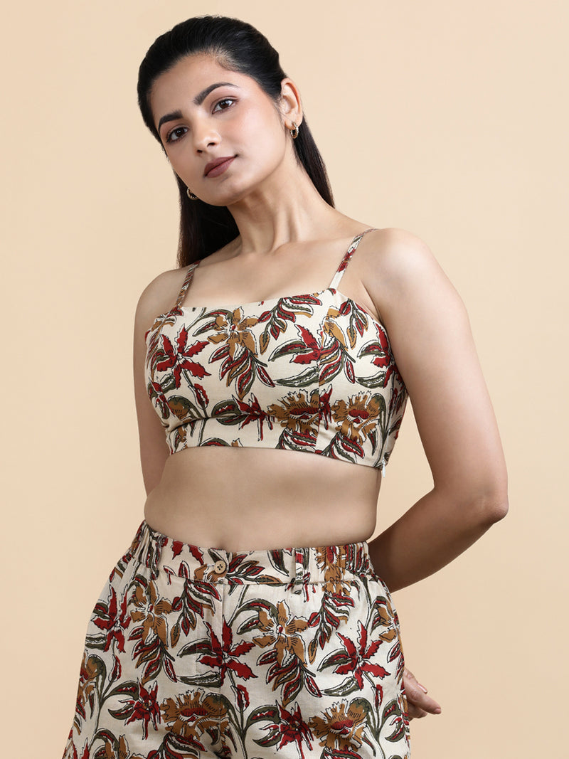 Viola x Soma | Women's Cropped Top in Cream Blossom Block Print Cotton-Binks