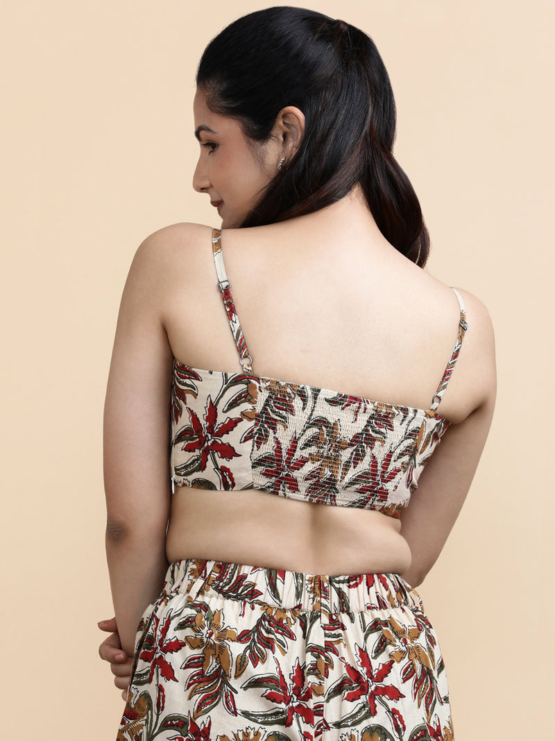 Viola x Soma | Women's Cropped Top in Cream Blossom Block Print Cotton-Binks