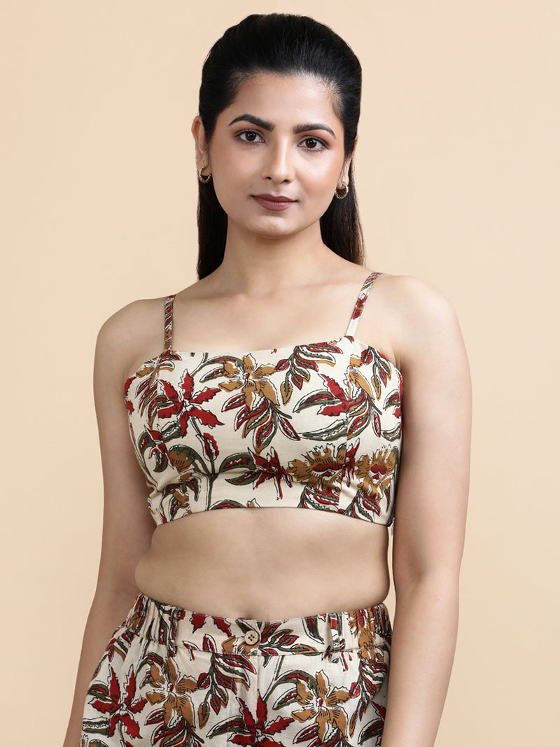 Viola x Soma | Women's Cropped Top in Cream Blossom Block Print Cotton-Binks