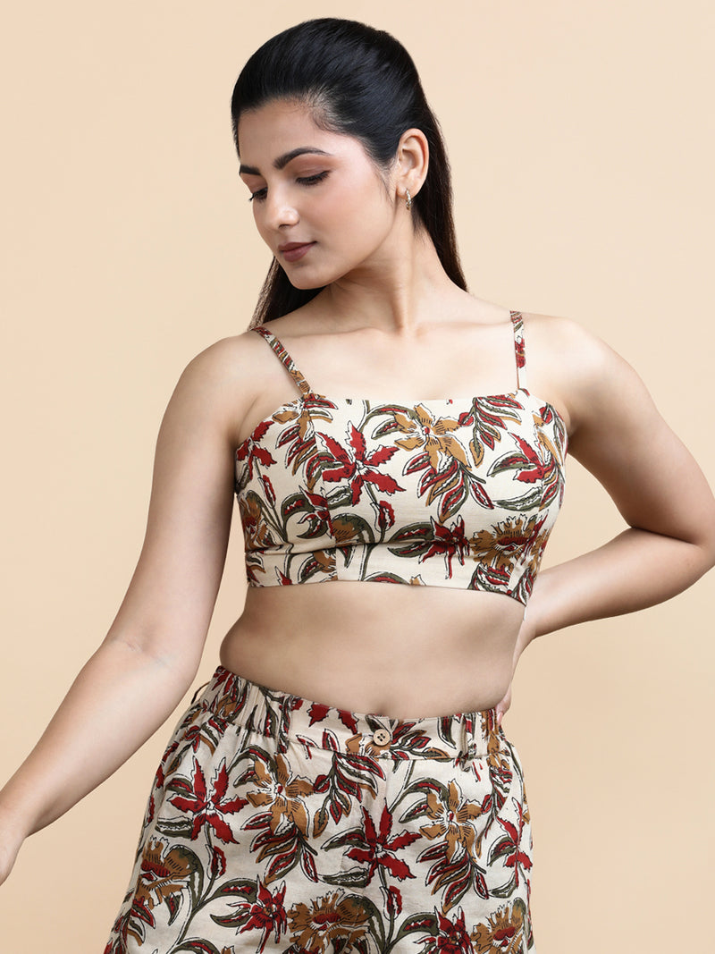 Viola x Soma | Women's Cropped Top in Cream Blossom Block Print Cotton-Binks