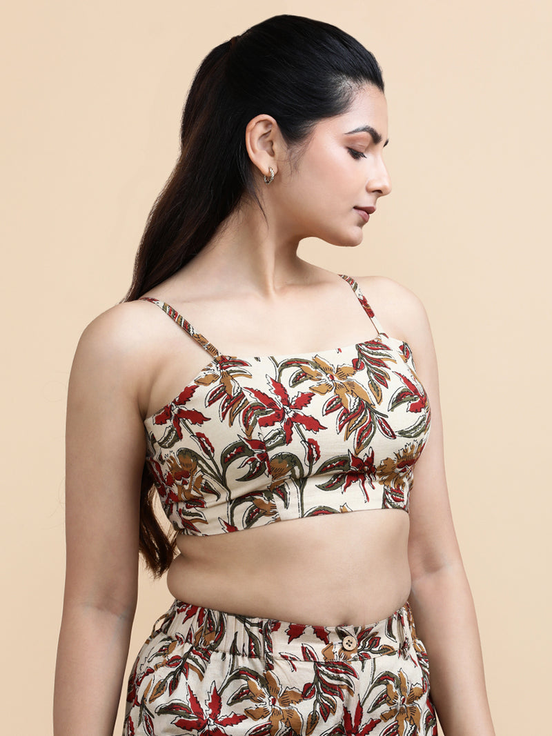 Viola x Soma | Women's Cropped Top in Cream Blossom Block Print Cotton-Binks