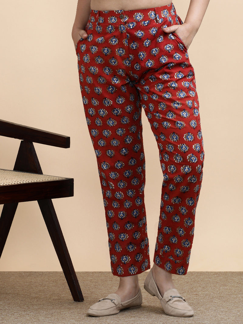 Fiona x Soma | Women's Regular Fit Trouser in Crimson Field Block Print Cotton-Binks