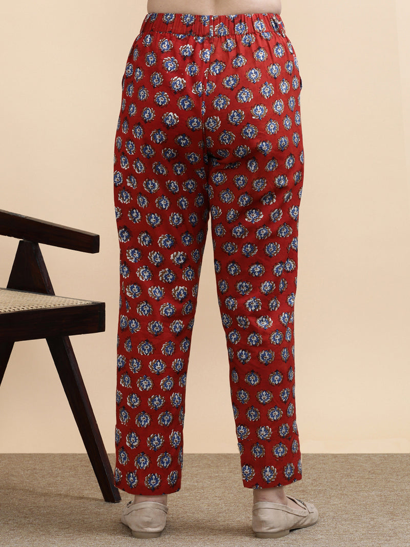 Fiona x Soma | Women's Regular Fit Trouser in Crimson Field Block Print Cotton-Binks