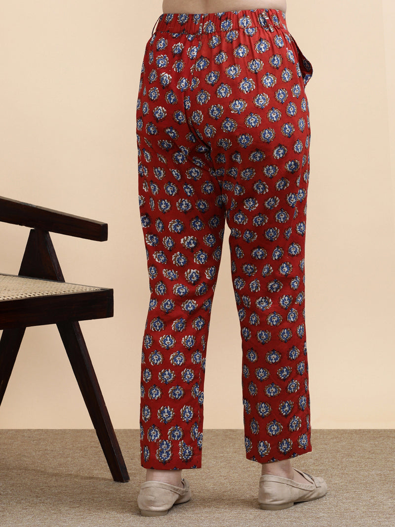 Fiona x Soma | Women's Regular Fit Trouser in Crimson Field Block Print Cotton-Binks
