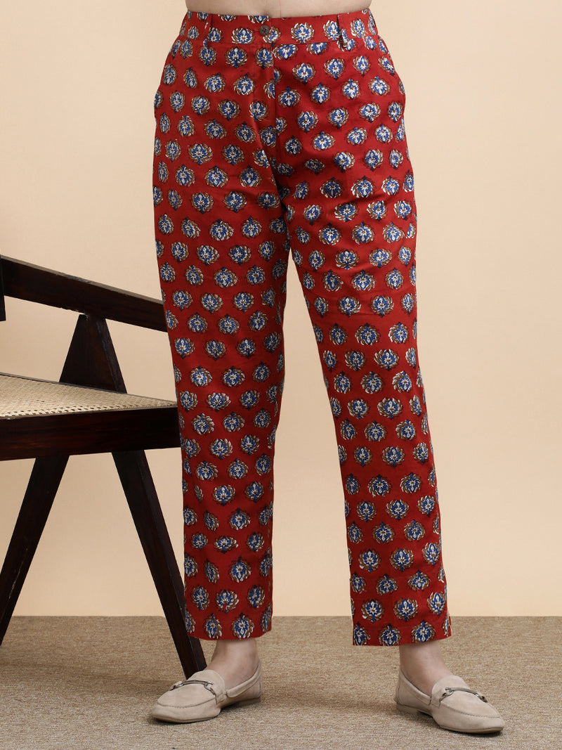 Fiona x Soma | Women's Regular Fit Trouser in Crimson Field Block Print Cotton-Binks