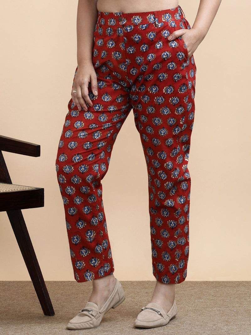Fiona x Soma | Women's Regular Fit Trouser in Crimson Field Block Print Cotton-Binks