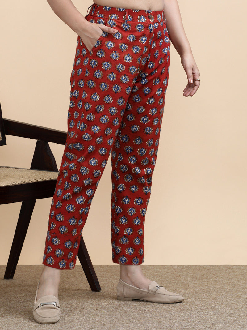 Fiona x Soma | Women's Regular Fit Trouser in Crimson Field Block Print Cotton-Binks