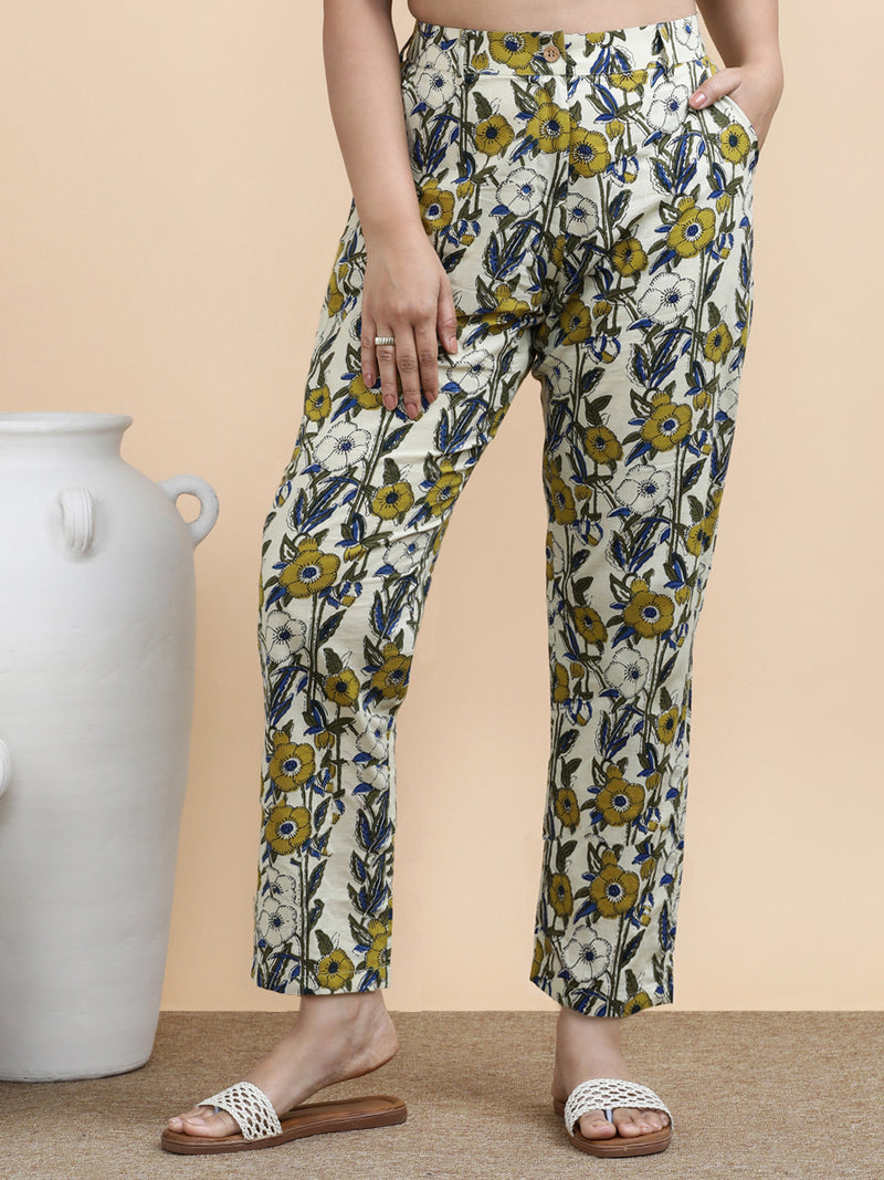 Greta x Soma | Women's Regular Fit Trouser in Cream Meadow Block Print Cotton-Binks