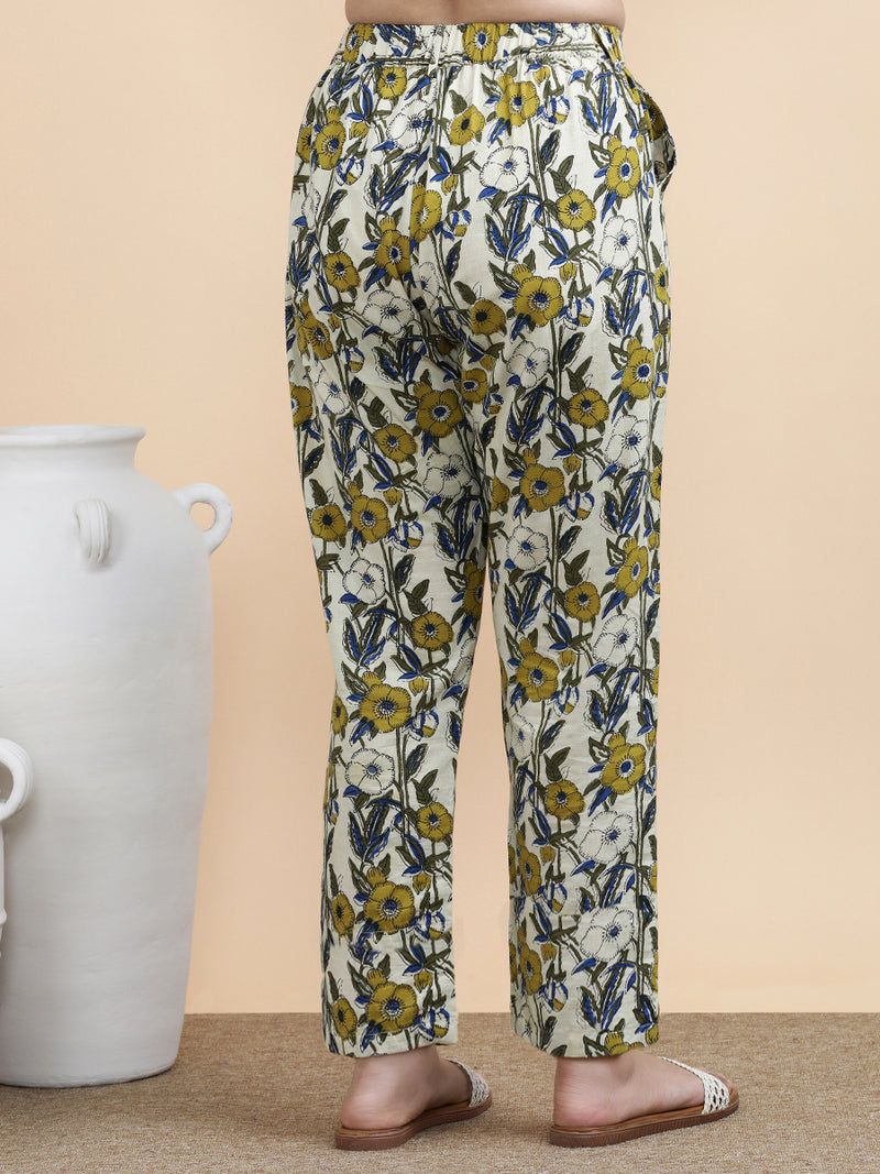 Greta x Soma | Women's Regular Fit Trouser in Cream Meadow Block Print Cotton-Binks