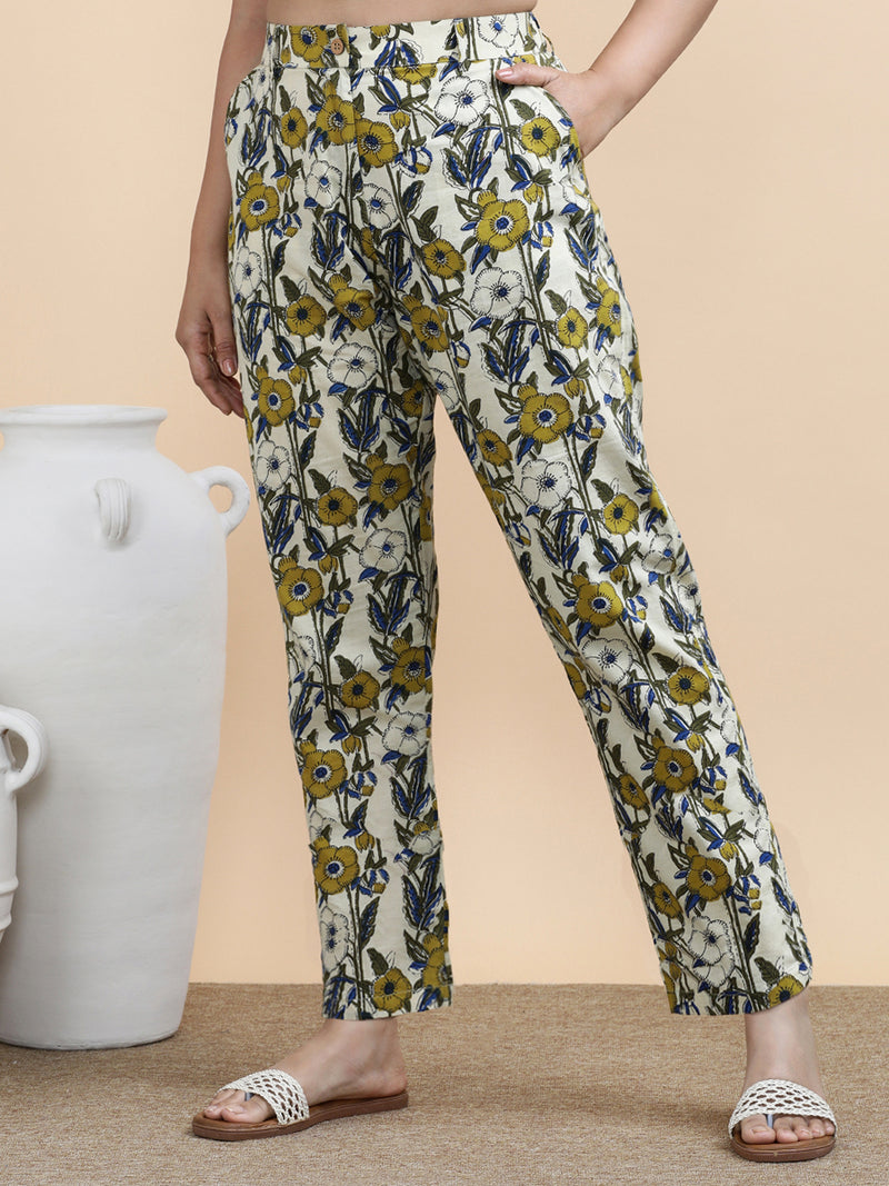Greta x Soma | Women's Regular Fit Trouser in Cream Meadow Block Print Cotton-Binks