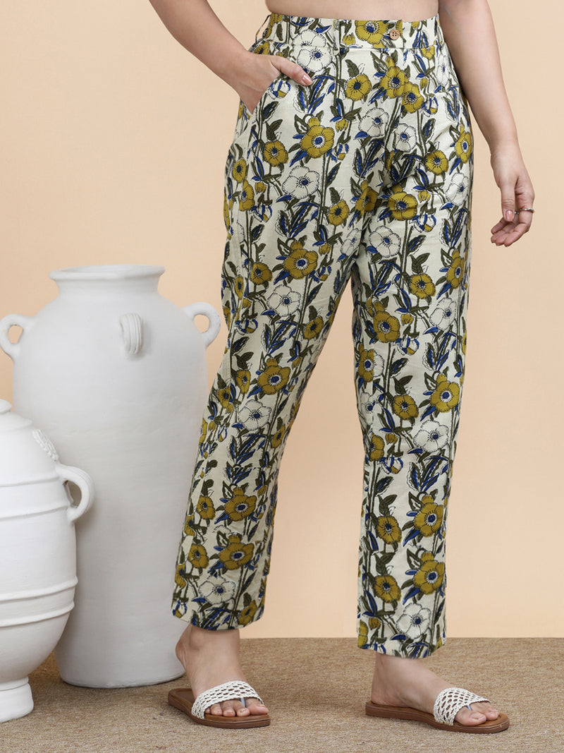 Greta x Soma | Women's Regular Fit Trouser in Cream Meadow Block Print Cotton-Binks