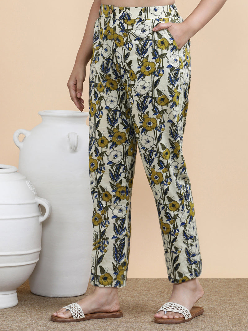 Greta x Soma | Women's Regular Fit Trouser in Cream Meadow Block Print Cotton-Binks