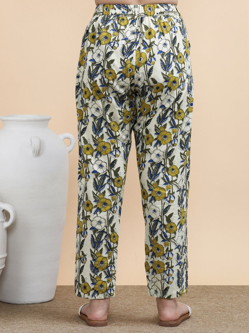 Greta x Soma | Women's Regular Fit Trouser in Cream Meadow Block Print Cotton-Binks